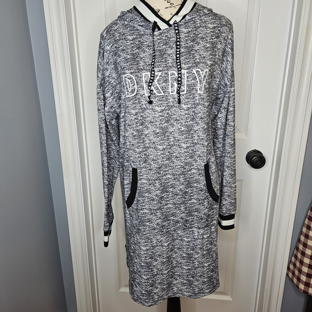 DKNY Sport Grey Heather Knit Hoodie Sweatshirt Dress Pockets Size S